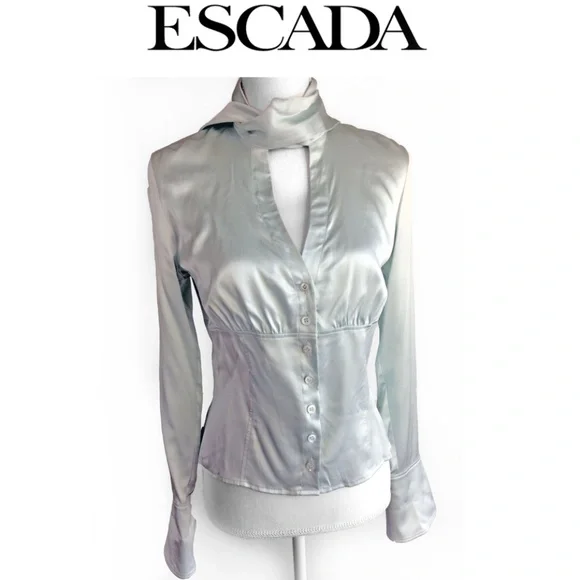 Vintage ESCADA Silk Fitted Ascot Bell Cuff Blouse - Picture 3 of 8